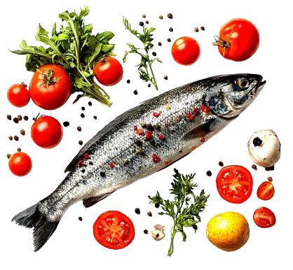 Fresh fish, tomatoes, herbs and citrus